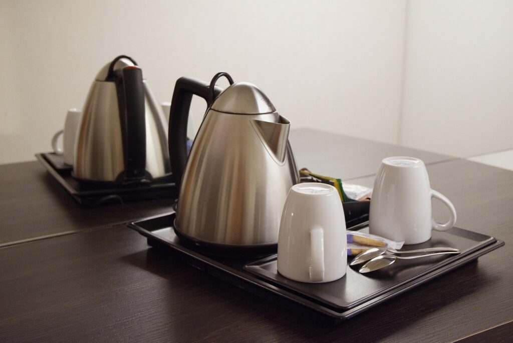 tea, cups, pot, tray, service, hotel, trip, office, tourism, holiday